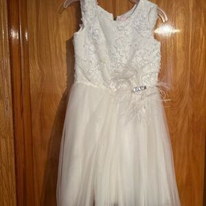 Zoe Ltd White Kids Dress with Feather Accent